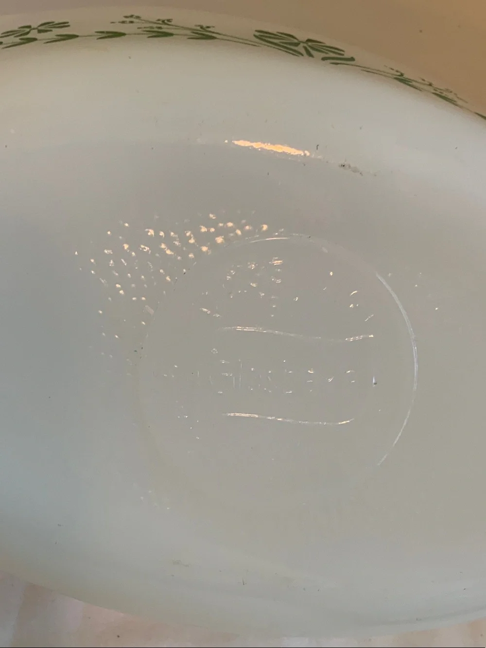 White Milk Glass Serving Bowl with Green Floral Motif
